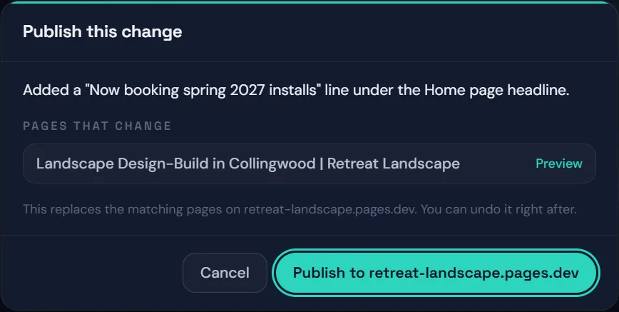 A publish this change dialog listing the one page that changes, with a button labeled publish to retreat-landscape.pages.dev.