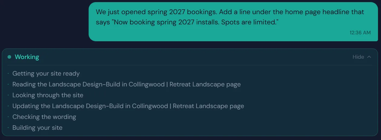The editor's progress list: getting your site ready, reading the page, looking through the site, updating the page, checking the wording, building your site.