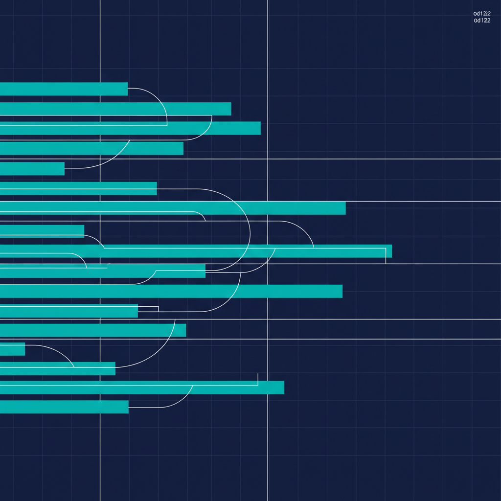 Abstract teal horizontal bars running in parallel with thin connecting threads on a navy grid, representing parallel agency production lanes.