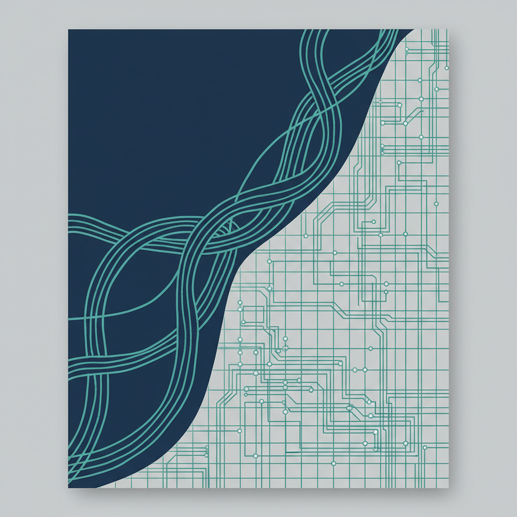 Split composition with handcrafted teal linework on the left and a fine algorithmic teal grid on the right, representing the division of labor between human judgment and AI work.