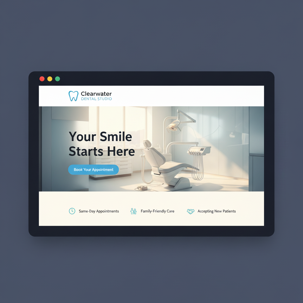 Clearwater Dental Studio website — a dental practice homepage with clean design, booking CTA, and trust signals