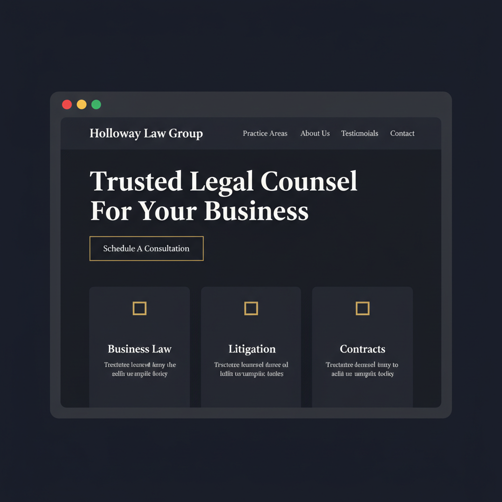 Holloway Law Group website — a boutique law firm homepage with editorial typography and practice area cards